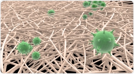 The illustration shows the nanofibers in white and the virus in green.