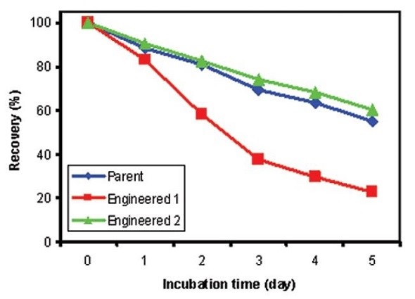 Percent soluble protein after accelerated stability studies for 0, 1, 2, 3, 4, and 5 days at 60°C. Blue: Parent Antibody; Red: Engineered Antibody 1; Green: Engineered Antibody 2.