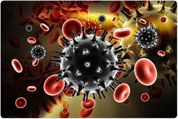Minh họa kỹ thuật số về Virus HIV trong Dòng máu trên nền màu - Bản quyền hình ảnh: RAJ CREATIONZS / Shutterstock