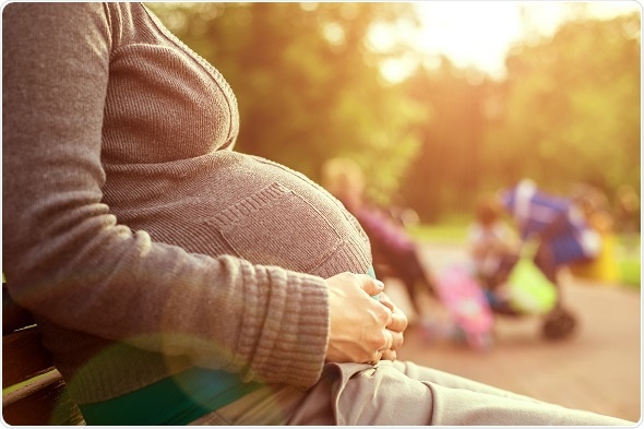 Mujer embarazada que se sienta en banco de trabajo de parque