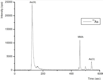 IC-ICP/MS profile of enzymatic extracts of (left) BCR-627 and (right) DOLT-3 obtained by MAEE. Peak identification of the right-hand chromatogram: (1) AsBet, (4) DMA, and (6) As(V). Column: Metrosep Anion Dual 3 - 100/4.0, Metrosep Anion Dual 3 guard; eluent A: 5 mmol/L NH4NO3; eluent B: 50 mmol/L NH4NO3, 2% (v/v) methanol (pH 8.7); flow rate: 1 mL/min; m/z 75, 77, 82.