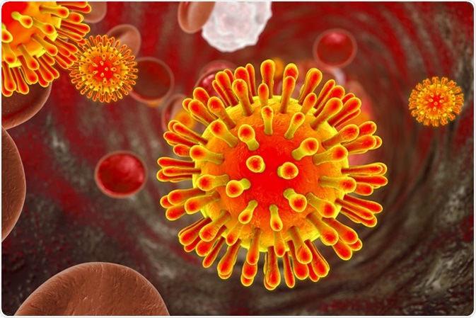 HIV (AIDS) viruses in blood with red blood cells and white blood cells. 3D illustration. Image Credit: Kateryna Kon / Shutterstock