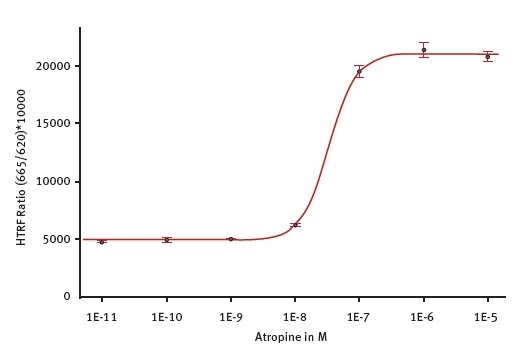 Antagonist atropine potency determination on CHO-M1 Gq coupled GPCR. Atropine inhibits the effect of a fixed concentration of acetylcholine agonist. Measurement was done on the PHERAstar FSX using the laser in flying mode (1 flash) to measure the HTRF signal. The 4-parameter fit was performed with the MARS Data Analysis software and was weighted using the formula 1/Y2.