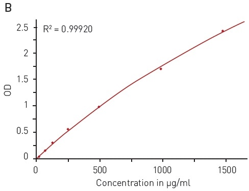 BCA protein quantification assay. A) Absorbance spectrum of bicinchoninic acid (native – blue, BCA-Cu+-complex in presence of BSA - red) B) Protein standard curve of BSA.