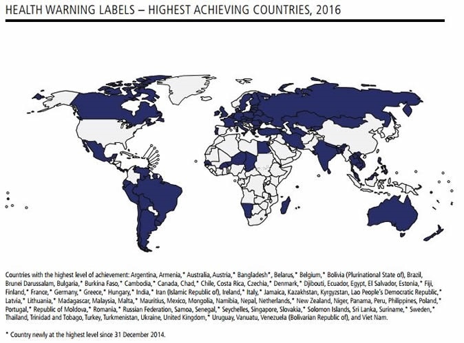 HEALTH WARNING LABELS – HIGHEST ACHIEVING COUNTRIES, 2016