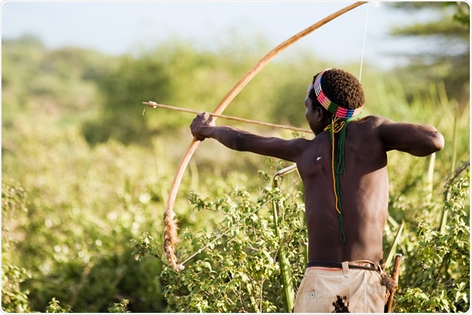 An unidentified Hadza bushman with bow and arrow during hunting on February 18, 2013 in Tanzania. Image Credit: erichon / Shutterstock