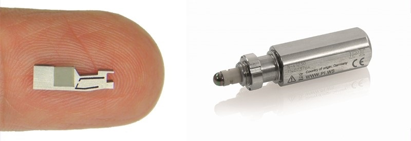 Piezo stick-slip mini motors are incredibly small as seen on the left. Designed into a drive, they can become an integral part with further size reduction possible. A standard miniature actuator with high-force piezo inertia motor is shown on the right.