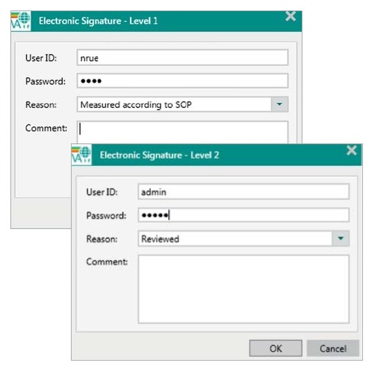 Within each step of the signing process in Vision Air Pharma a User ID, a password and a reason have to be entered. User IDs have to be different for the two signing levels.