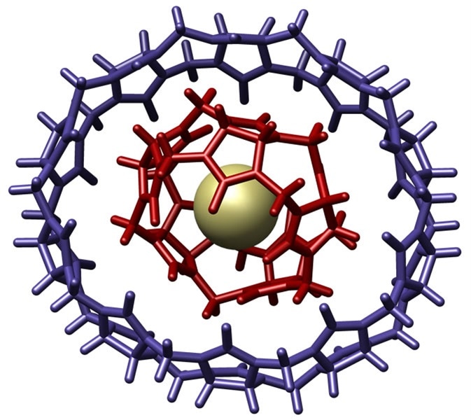 Host-guest complex within another host. This is a picture generated from crystal structure data reported by Anthony I. Day, Rodney J. Blanch, Alan P. Arnold, Susan Lorenzo, Gareth R. Lewis, and Ian Dance in Angewandte Chemie International Edition, Year 2002, Volume 41, Pages 275-277 doi: 10.1002/1521-3773(20020118)41:2<275::AID-ANIE275>3.0.CO;2-M. It shows a chlorine anion bound within a cucurbit[5]uril that both are bound within cucurbit[10]uril. The complex was described as a molecular gyroscope. It was made by myself and is free to be use by all. Image Credit: M stone