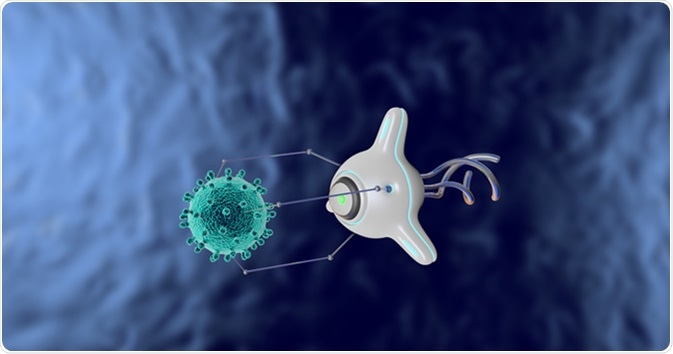 The nanorobot catches and destroys the virus. Medical concept of the future. Image Credit: Volodymyr Horbovyy / Shutterstock