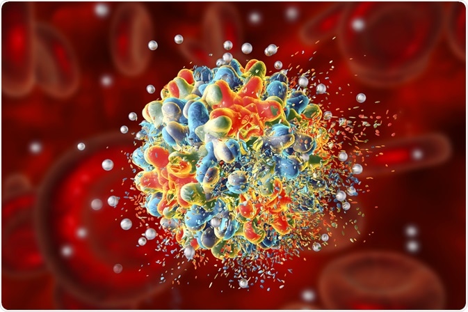 Membrane-coated nanoparticles attacking virus in the blood - illustration by Kateryna Kon