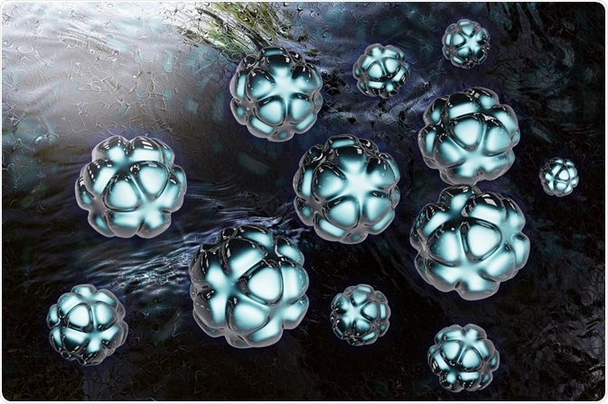 Illustration of blue nanoparticles on black background - carbon nanogel - By xrender