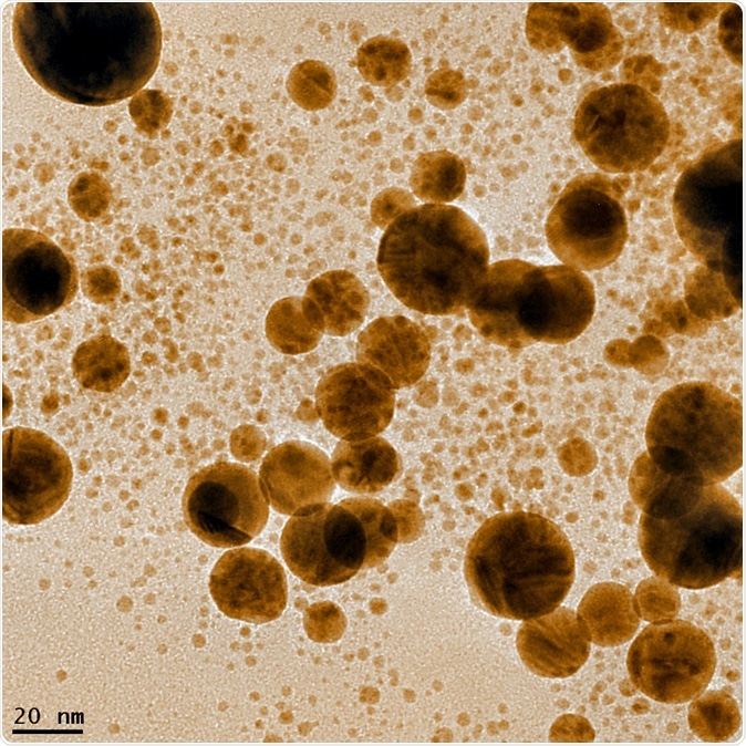 Gold nanoparticles produced by laser ablation in heavy water. Scale bar denotes twenty nanometers (20 nm). Image Credit: Georgy Shafeev / Shutterstock