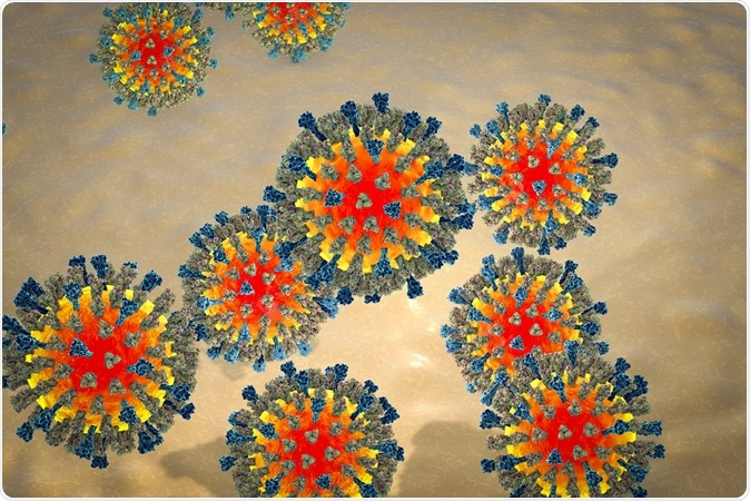 Measles virus. 3D illustration showing structure of measles virus with surface glycoprotein spikes heamagglutinin-neuraminidase and fusion protein. Image Credit: Kateryna Kon / Shutterstock