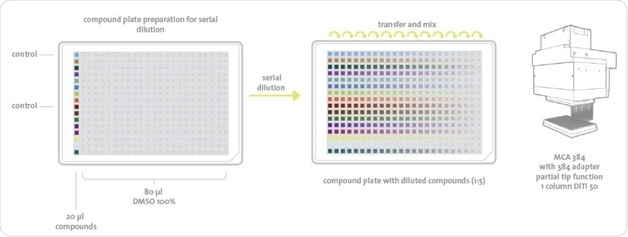 Plate layout and pipetting scheme for the serial dilution method: 20 μl of 14 compounds and two controls are diluted across a complete 384-well plate in a 24-step series of 1:5 dilutions.
