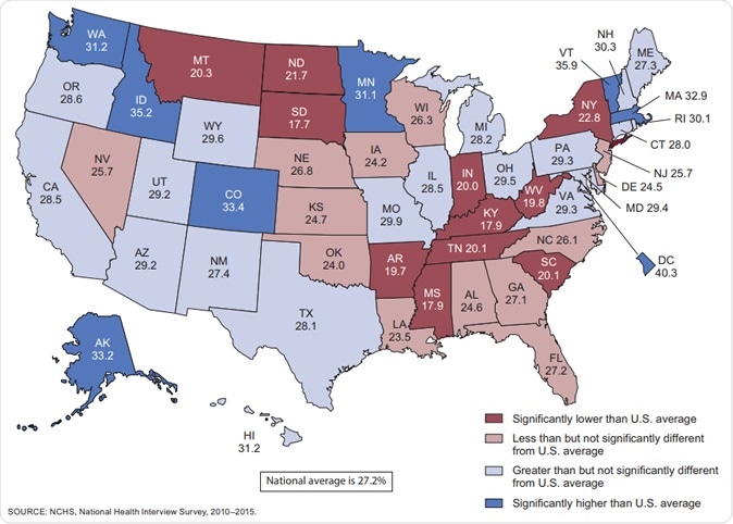 Figure 2. Age-adjusted percentages of men aged 18–64 who met both aerobic and muscle-strengthening federal guidelines through leisuretime physical activity, by state: United States, 2010–2015