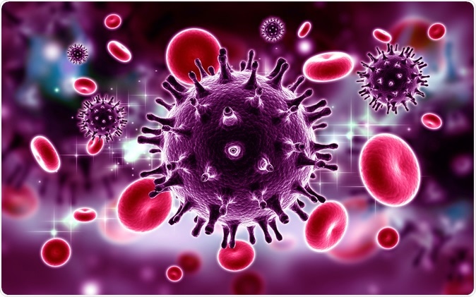 3d rendered HIV Virus in Blood Stream in color background. Image Credit: RAJ CREATIONZS