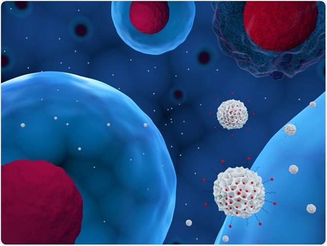 3d illustration of mesoporous silica nanoparticles delivering drug to cells. Image Credit: Meletios Verras / Shutterstock