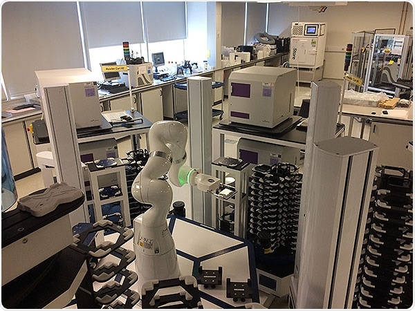 4 PHERAstar FSX plate readers integrated in a HighRes Biosolutions modular robotic workstation at AstraZeneca UK