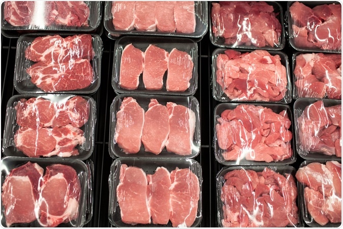 Variety of meat slices in boxes in supermarket. Image Credit: NotarYES / Shutterstock