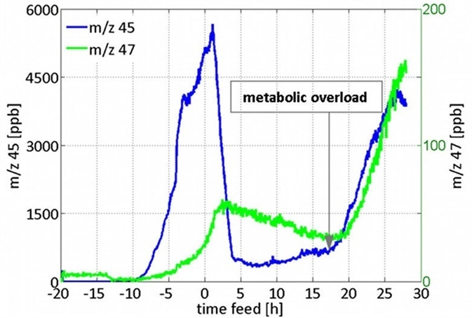 Signal for acetaldehyde (m/z 45) and ethanol (m/z 47) from a recombinant E. coli fed-batch cultivation, giving information on metabolic overload (from Luchner et al., Biotechnol Bioeng. 2012).