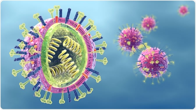 3d illustration showing influenza viruses with RNA. Image Credit: Axel_Kock / Shutterstock