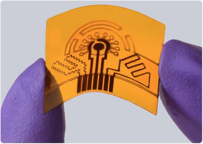 A laser-engraved, flexible sensor can monitor health conditions through sweat. Image Credit: Caltech