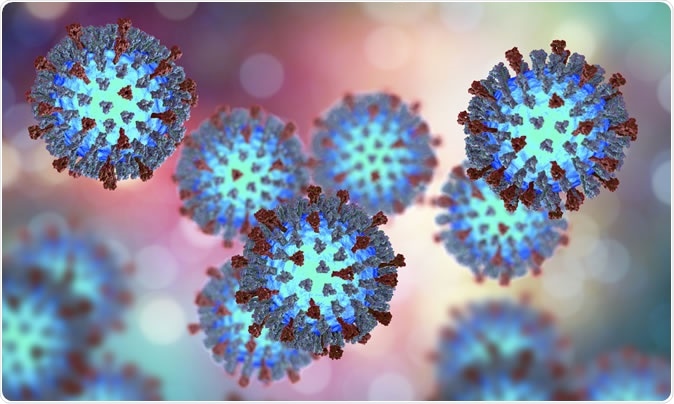 Measles viruses. 3D illustration showing structure of measles virus with surface glycoprotein spikes heamagglutinin-neuraminidase and fusion protein - Image Credit: Kateryna Kon / Shutterstock