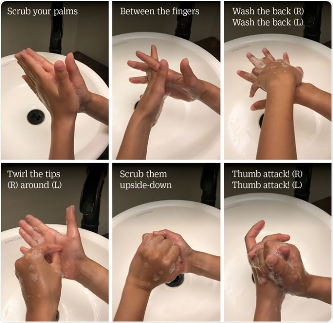 The six step technique for hand hygiene, as recommended by the World Health Organization, sung to the tune of Brother John (Frère Jacques) for song lyric self instruction in hand washing. Some steps involve doing one hand at a time.