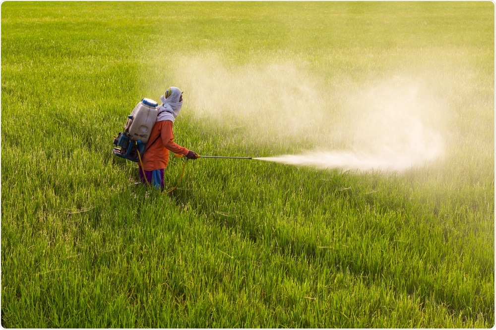 Farmer in field spraying herbicide