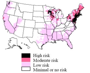This map demonstrates an approximate distribution of predicted Lyme disease risk in the United States. The true relative risk in any given county compared with other counties might differ from that shown here and might change from year to year.