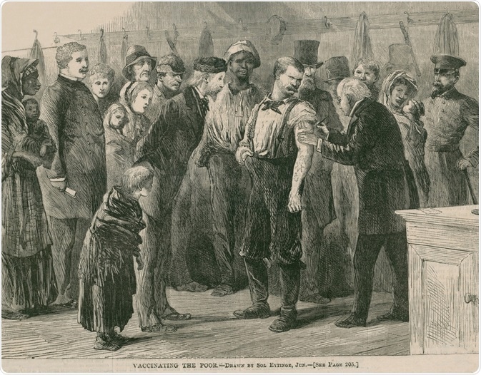 Vaccinating the poor of New York City against smallpox in 1872. In 1863, mass production of smallpox vaccine was developed, allowing for broad immunization of North American and European populations.