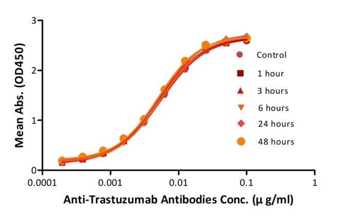 Reconstituted Anti-Trastuzumab Antibodies were diluted to 0.4 mg/ml, aliquoted and placed at 37°C. Aliquots were removed from 37°C at every time point and placed at 4°C along with the control. No significant loss of activity was observed.