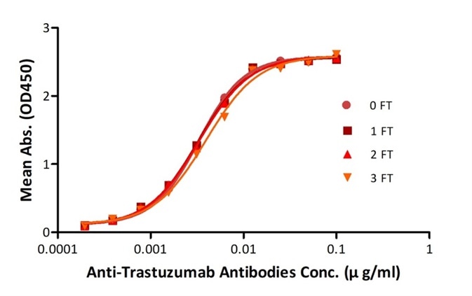 Anti-Trastuzumab Antibodies were subjected to the indicated number of freeze-thaw cycles (FT). No  significant loss of activity was observed.