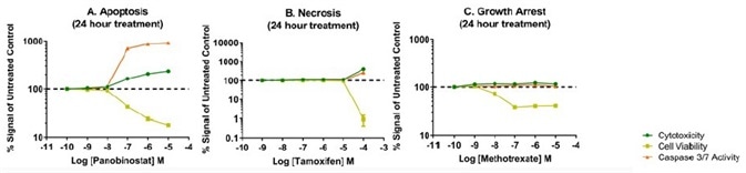 Representative mechanistic cytotoxicity profiles demonstrating (Panel A) apoptosis, (Panel B) necrosis, and (Panel C) growth arrest at 24 hours post treatment. We subtracted medium only control assay background from the experimental results and plotted data as fold change relative to the untreated control on the assay plate.