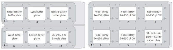 Suggested set-up positions for the CyBio® FeliX deck. Each RoboTipTray is used for a specific reagent(s), according to its position: (1) Resuspension buffer and sample handling (pre-clarification), (2) Lysis buffer, (3) Neutralization buffer, (4) Wash buffer and sample (post-clarification), and (5) Elution buffer. The sample plate will contain cell pellets, post-harvesting by centrifugation.