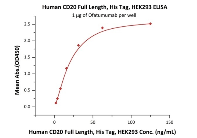 Immobilized Ofatumumab at 10 μg/mL (100 μL/well) can bind Human CD20 Full Length, His Tag, HEK293 (Cat. No. CD0-H52H3) with a linear range of 2–31 ng/mL.