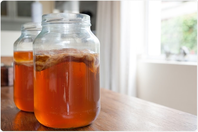 Kombucha tea, the brew is ready to be placed in storage with the bacteria culture in place to ferment the brew. Image Credit: Daniel S Edwards / Shutterstock