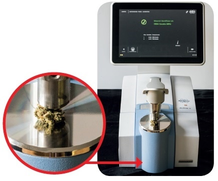 ALPHA II FTIR spectrometer equipped with Platinum ATR unit. The magnification shows the cannabis flower on the ATR diamond crystal.