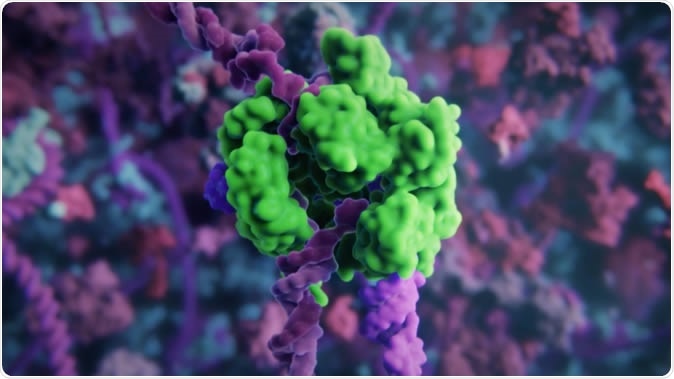 The large complex of gene editing molecules is difficult to deliver into cells from external an external application. Biodegradable lipid nanoparticles deliver mRNA coding for the gene editing molecules into the cell. Image Credit: From animation by Visual Science and Skoltech (https://visual-science.com/crispr )