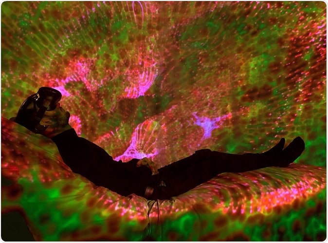 Inter-Dream involves an interactive bed and ambient music controlled by the artists, and kaleidoscopic visuals controlled by the user with their own brainwaves, via EEG.