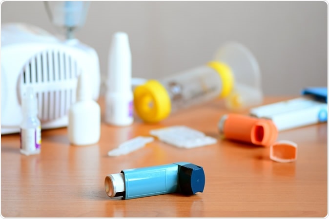 Medical equipment and medicines for treatment of asthma. Image Credit: OnlyZoia / Shutterstock