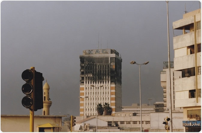 Kuwait City, Kuwait - circa April 1991 : Burned shell of Kuwait AIrways headquarters in Kuwait City following Operation Desert Storm in Persian Gulf War. Image Credit: Karenfoleyphotography / Shutterstock