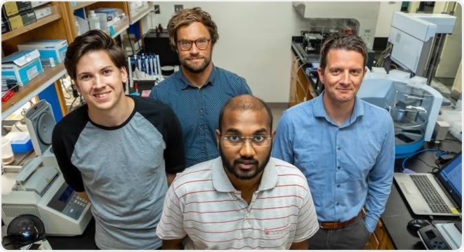 The Andersen lab at Scripps Research uses infectious disease genomics to investigate how pathogenic viruses such as Zika cause large-scale outbreaks. Pictured here are graduate students Nate Matteson (left), Glenn Oliveira (back) and Karthik Gangavarapu (front), and principal investigator Kristian Andersen, Ph.D. (right); all contributed to the Aug. 22, 2019 study in Cell. CREDIT Scripps Research