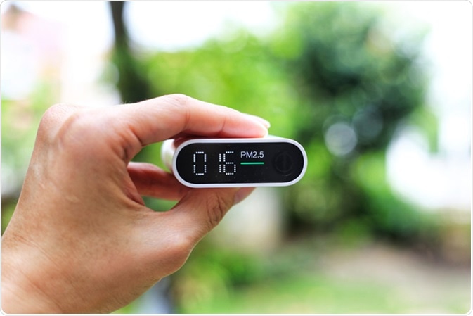 Outdoor air quality measurement. pm2.5 (particulate matter) sensors detecting small dust in the atmosphere. Image Credit: Chim / Shutterstock