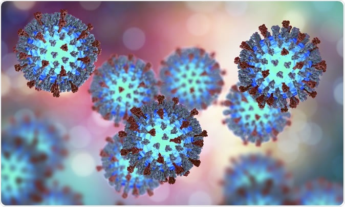 Measles viruses. 3D illustration showing structure of measles virus with surface glycoprotein spikes heamagglutinin-neuraminidase and fusion protein - Illustration Credit: Kateryna Kon / Shutterstock