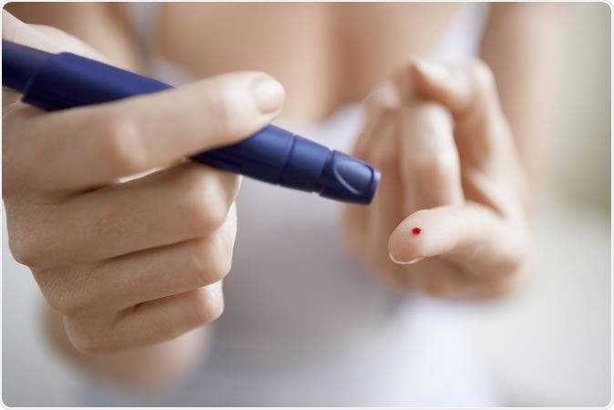 Diabetic using lancelet on finger. Image Credit: sirtravelalot / Shutterstock