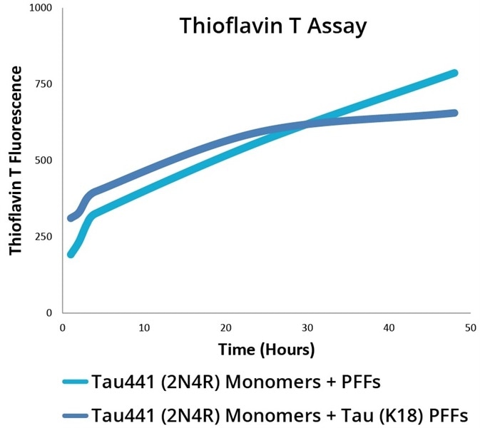 Thioflavin T Fluorescence Assay for 2N4R P301S PFFs (SPR-329) and K18 P301L PFFs (SPR-330) combined with 2N4R P301S monomers (SPR-327).