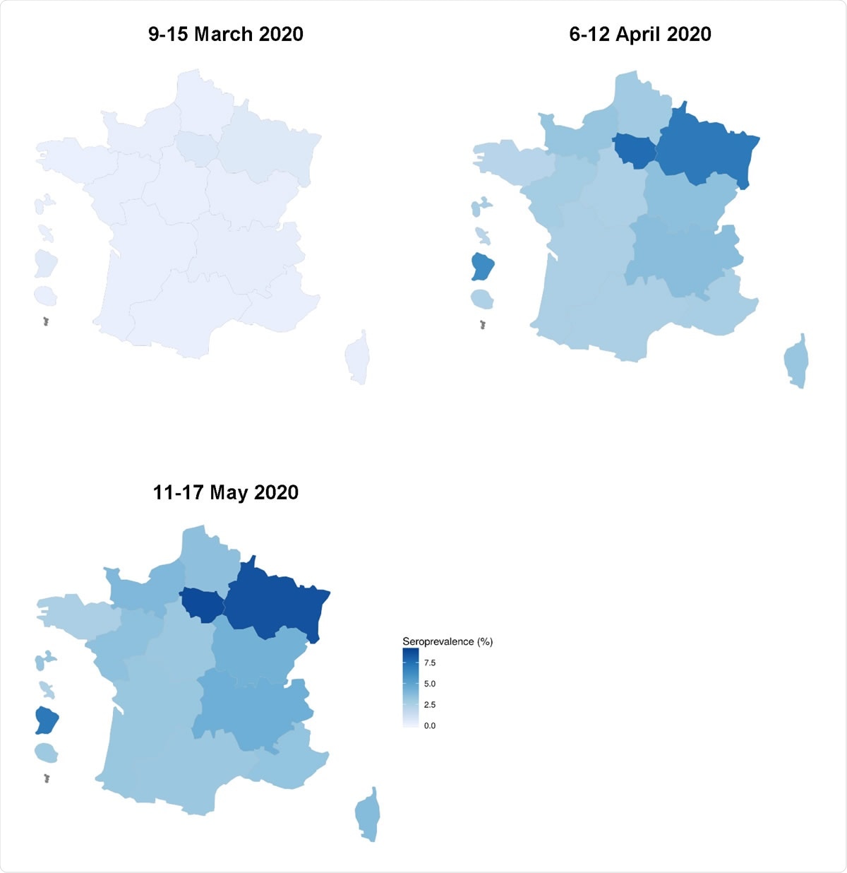 Estimated prevalence of SARS-CoV-2 antibodies in the French population by region.