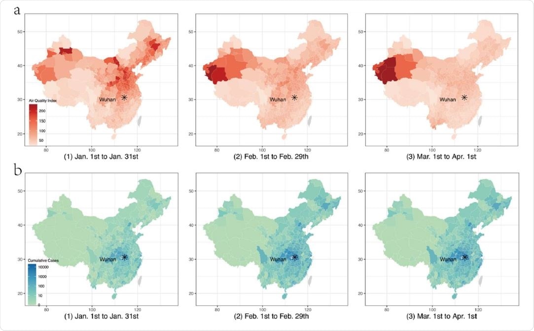 Data on COVID-19 infections and air pollution in China. A. The trend of the Air Quality Index (AQI). Higher AQI means worse air pollution. AQI is a comprehensive measure of air pollution: the index is constructed using PM2.5, PM10, SO2, CO, O3, and NO2 concentrations (See Methods Materials). B. The Confirmed COVID-19 cases. The gray color denotes the no-data area.